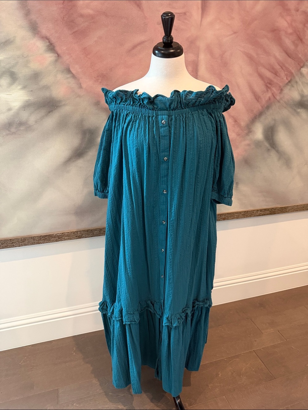 Anthropologie Teal Off-Shoulder Button-Front Midi Dress